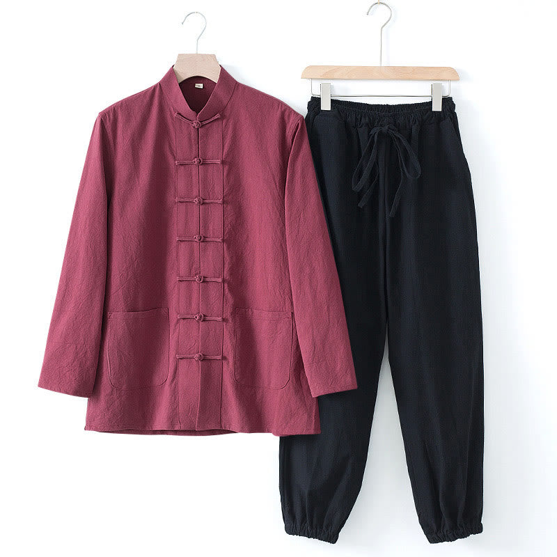 Meditation Frog-Button Tang Long Sleeve Shirt Pants Men's Suit