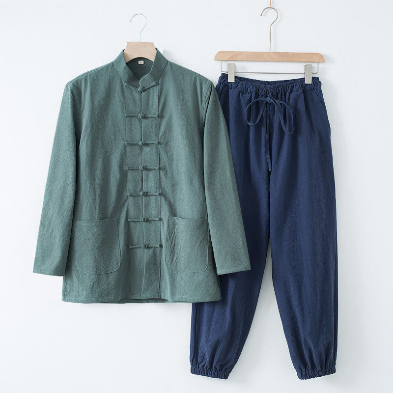 Meditation Frog-Button Tang Long Sleeve Shirt Pants Men's Suit