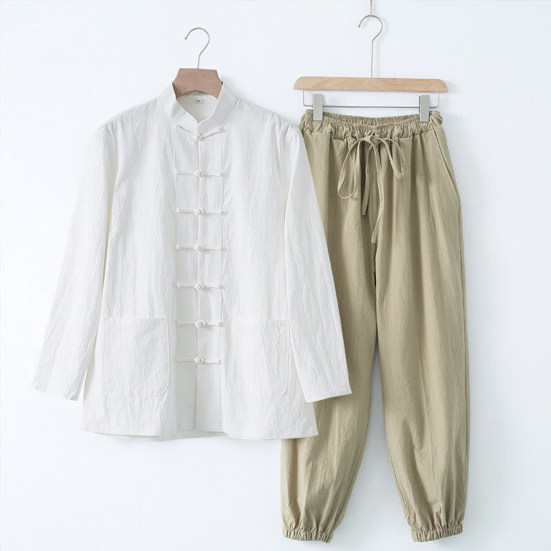 Meditation Frog-Button Tang Long Sleeve Shirt Pants Men's Suit