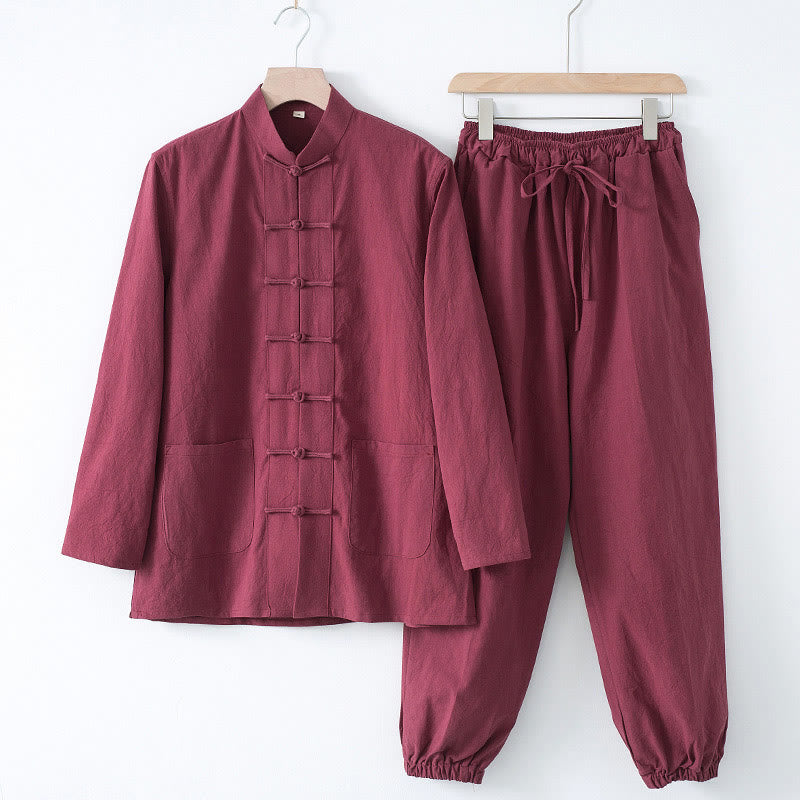 Meditation Frog-Button Tang Long Sleeve Shirt Pants Men's Suit