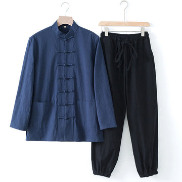 Meditation Frog-Button Tang Long Sleeve Shirt Pants Men's Suit