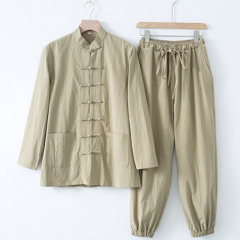 Meditation Frog-Button Tang Long Sleeve Shirt Pants Men's Suit