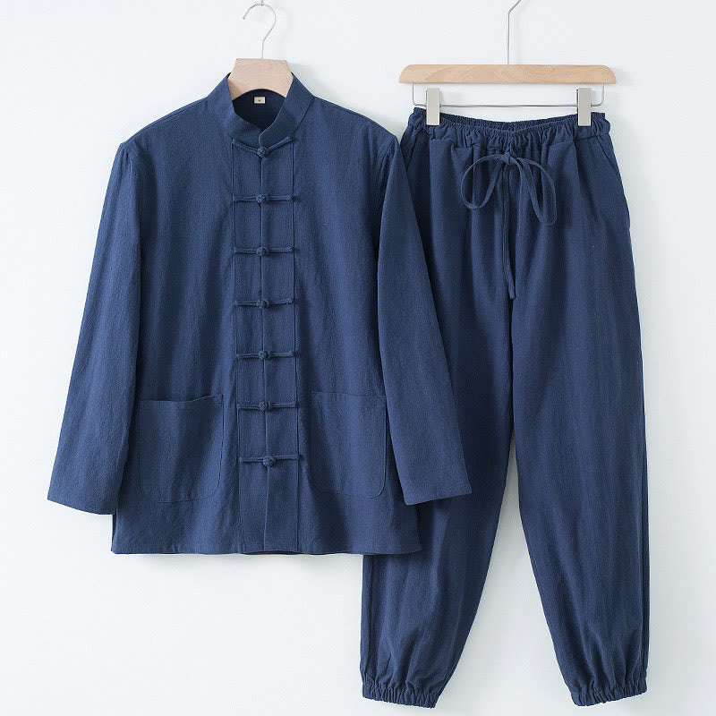 Meditation Frog-Button Tang Long Sleeve Shirt Pants Men's Suit
