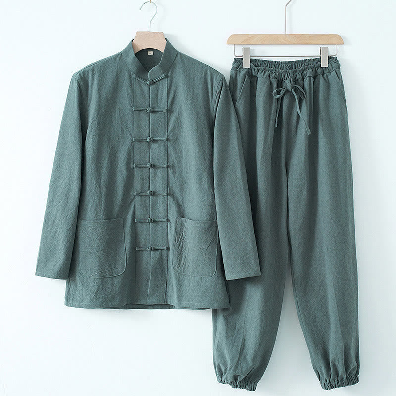 Meditation Frog-Button Tang Long Sleeve Shirt Pants Men's Suit