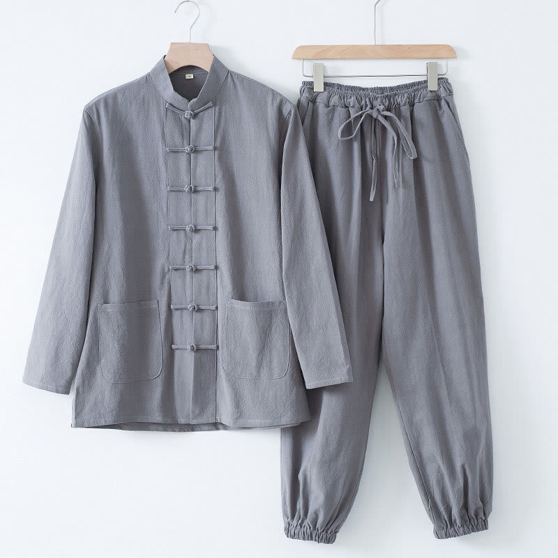 Meditation Frog-Button Tang Long Sleeve Shirt Pants Men's Suit