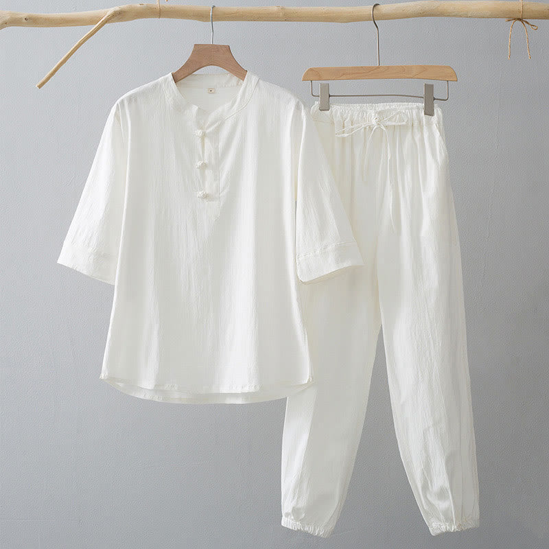 Frog-Button Three Quarter Sleeve Shirt Pants Men's Suit