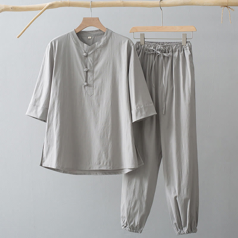 Frog-Button Three Quarter Sleeve Shirt Pants Men's Suit