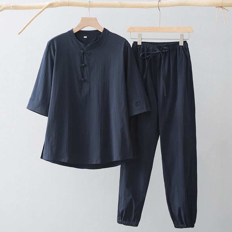 Frog-Button Three Quarter Sleeve Shirt Pants Men's Suit