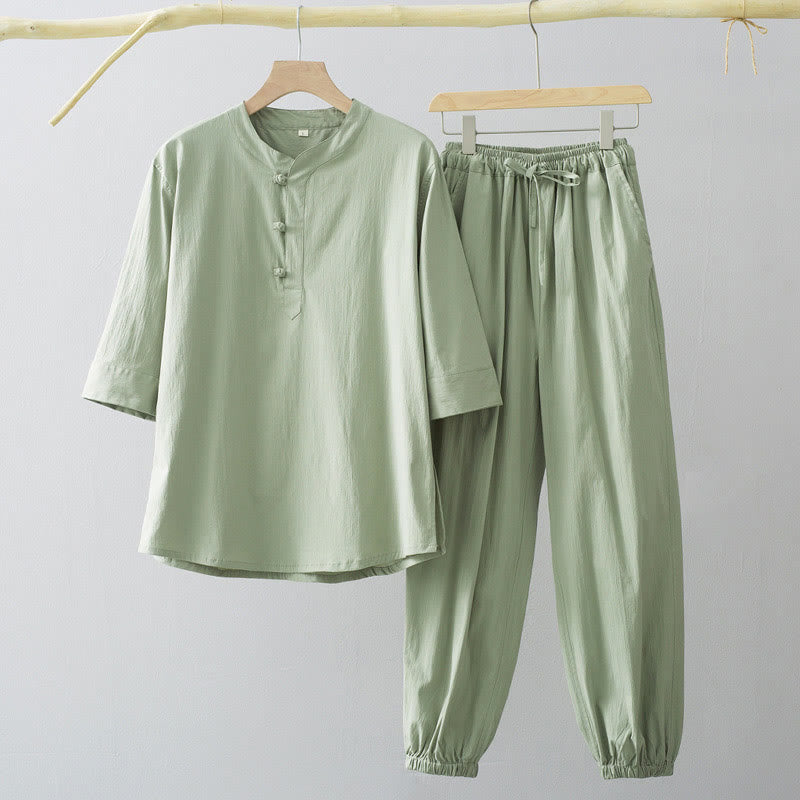 Frog-Button Three Quarter Sleeve Shirt Pants Men's Suit
