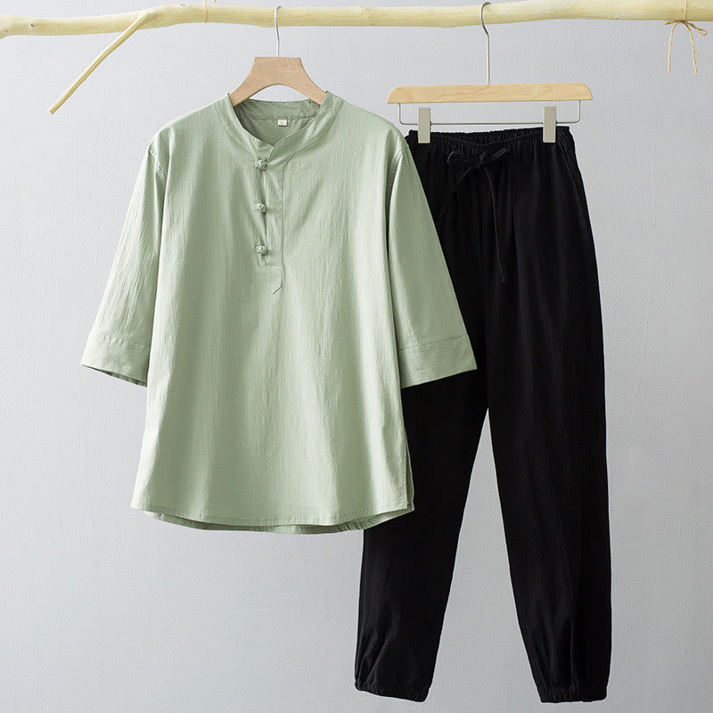 Frog-Button Three Quarter Sleeve Shirt Pants Men's Suit