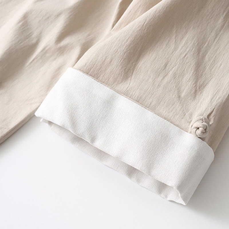 Tang Frog-Button Three Quarter Sleeve Shirt Wide Leg Pants Cotton Linen Men's Suit