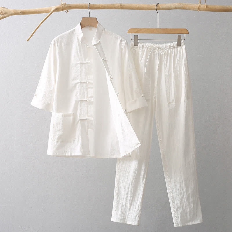 Tang Frog-Button Three Quarter Sleeve Shirt Wide Leg Pants Cotton Linen Men's Suit