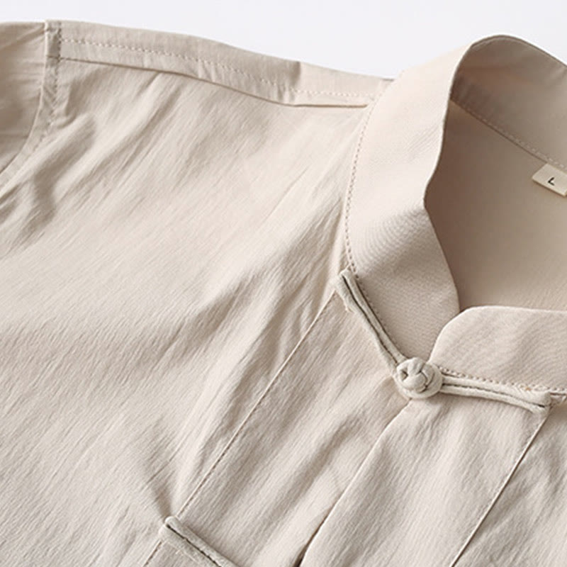 Tang Frog-Button Three Quarter Sleeve Shirt Wide Leg Pants Cotton Linen Men's Suit