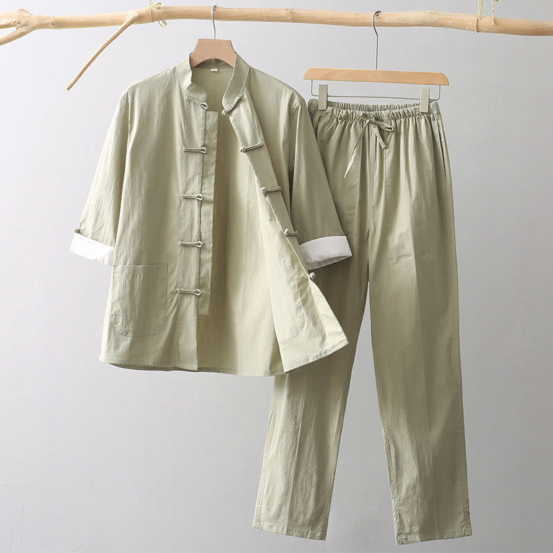 Tang Frog-Button Three Quarter Sleeve Shirt Wide Leg Pants Cotton Linen Men's Suit (Extra 30% Off | USE CODE: FS30)