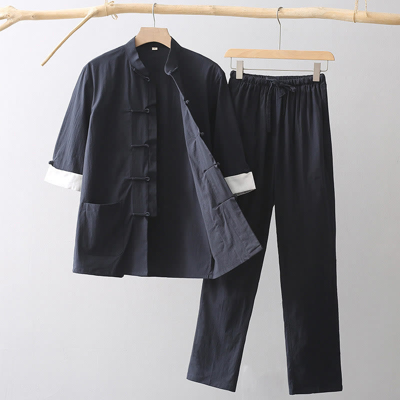 Tang Frog-Button Three Quarter Sleeve Shirt Wide Leg Pants Cotton Linen Men's Suit