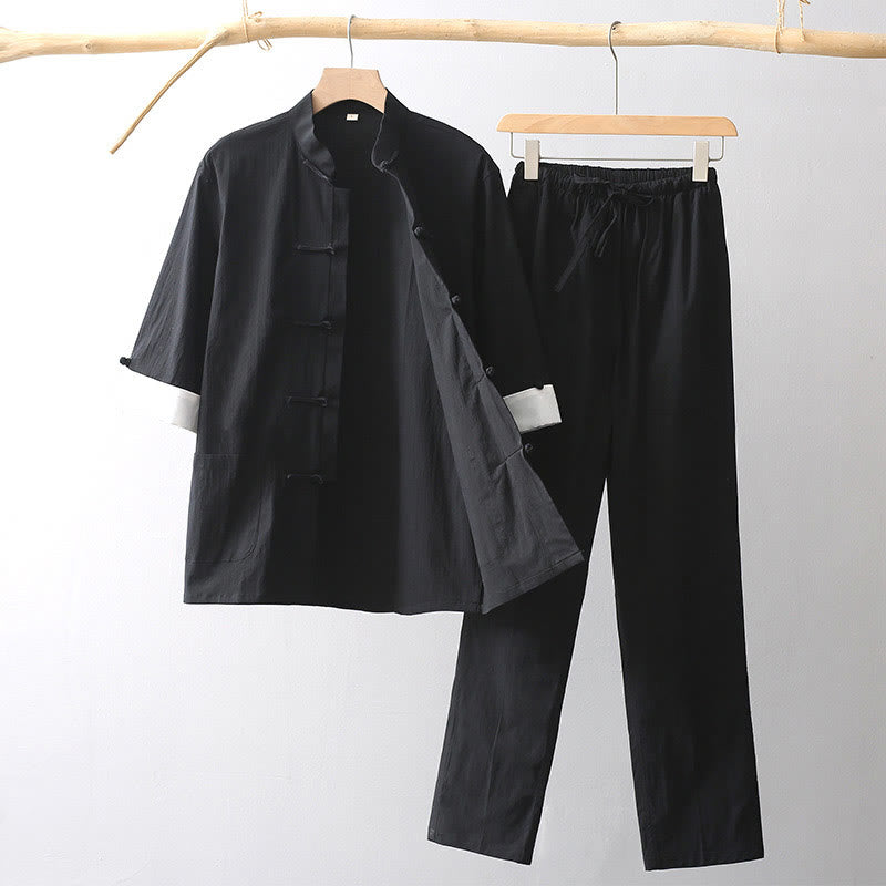 Tang Frog-Button Three Quarter Sleeve Shirt Wide Leg Pants Cotton Linen Men's Suit