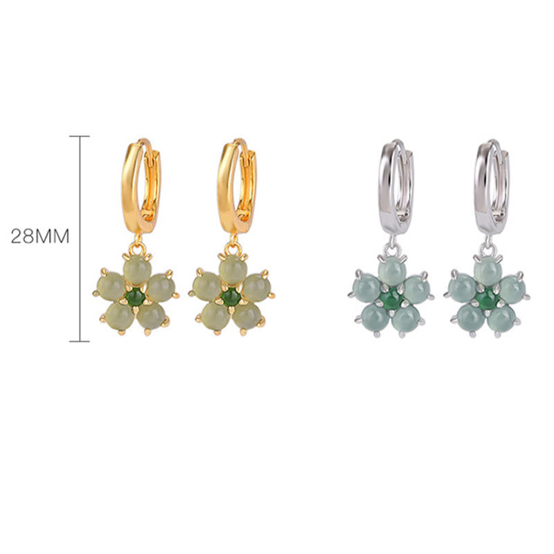 Green Jade and 925 Sterling Silver Plated Gold Floral Motif Earrings