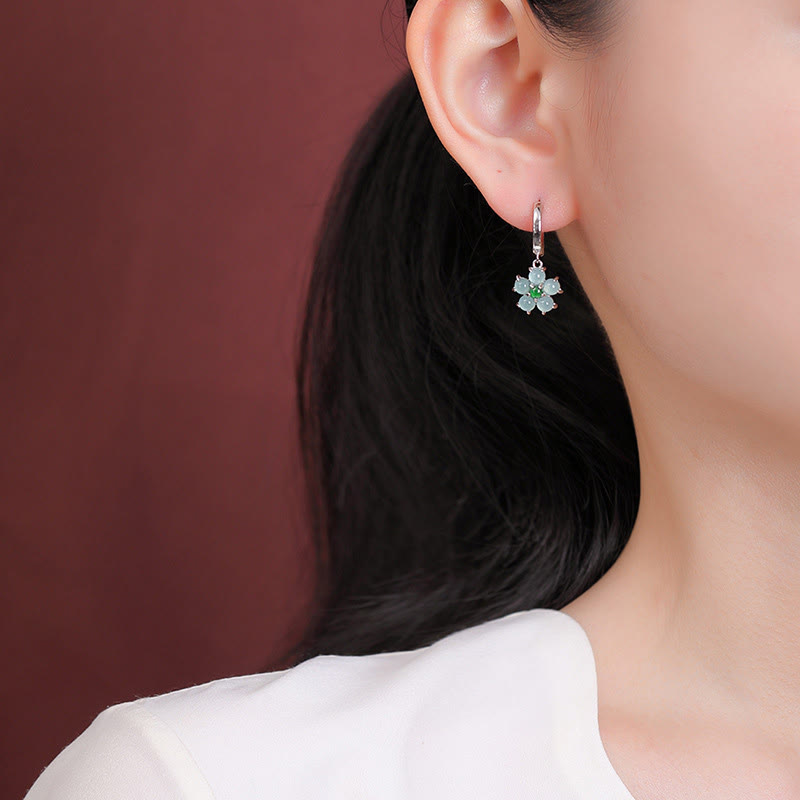 Green Jade and 925 Sterling Silver Plated Gold Floral Motif Earrings