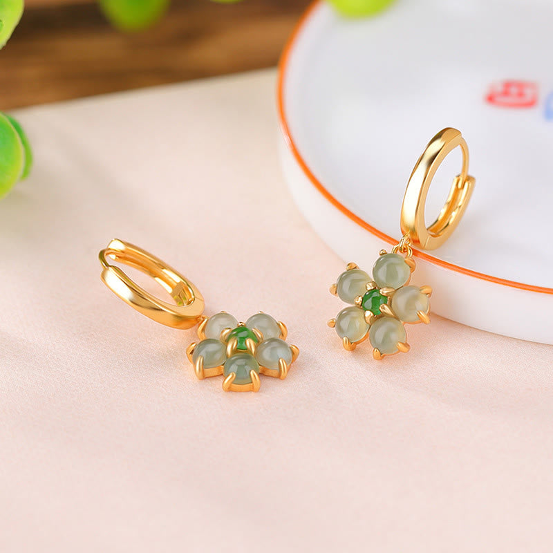 Green Jade and 925 Sterling Silver Plated Gold Floral Motif Earrings