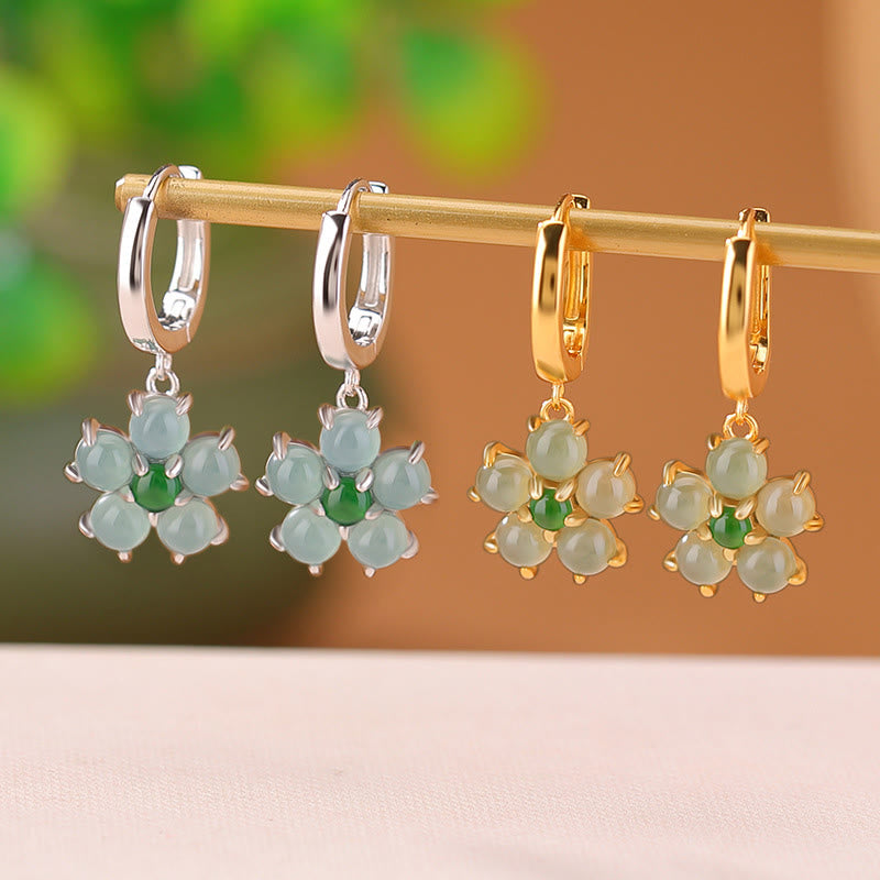 Green Jade and 925 Sterling Silver Plated Gold Floral Motif Earrings