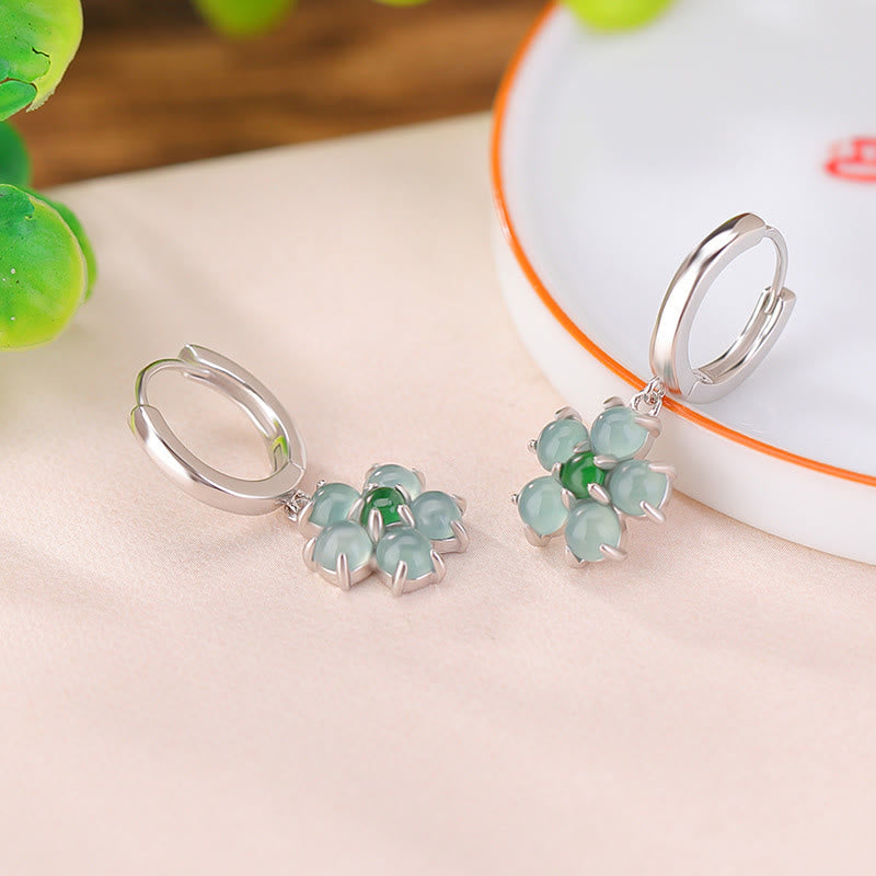 Green Jade and 925 Sterling Silver Plated Gold Floral Motif Earrings