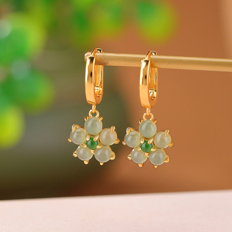 Green Jade and 925 Sterling Silver Plated Gold Floral Motif Earrings