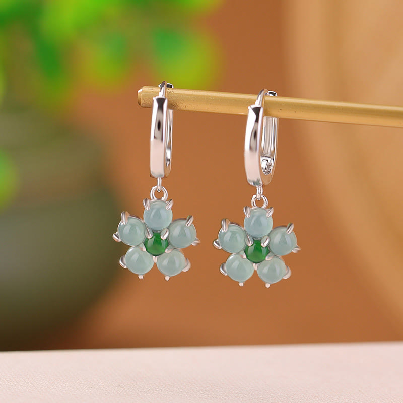 Green Jade and 925 Sterling Silver Plated Gold Floral Motif Earrings