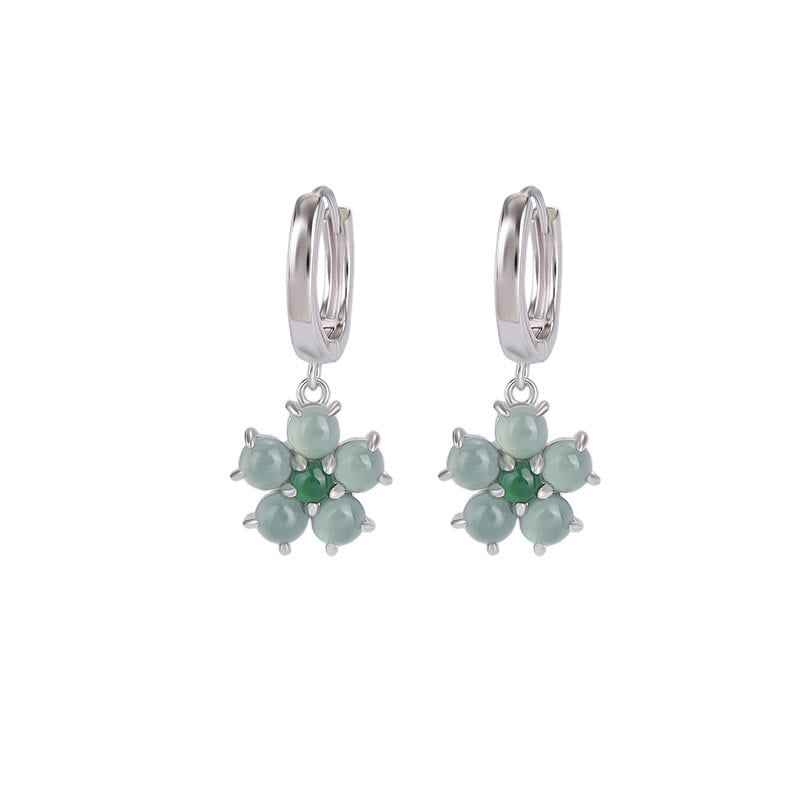 Green Jade and 925 Sterling Silver Plated Gold Floral Motif Earrings