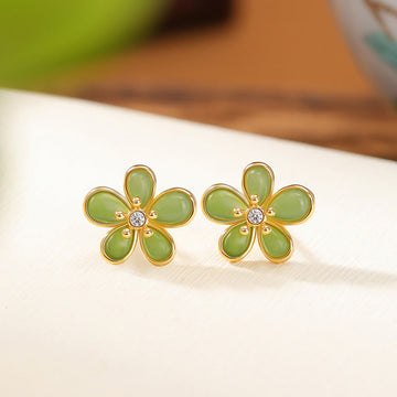 925 Sterling Silver Hetian Jade Floral Design Earrings