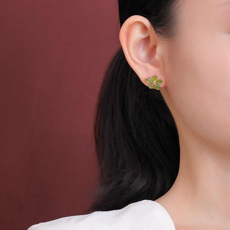 925 Sterling Silver Hetian Jade Floral Design Earrings