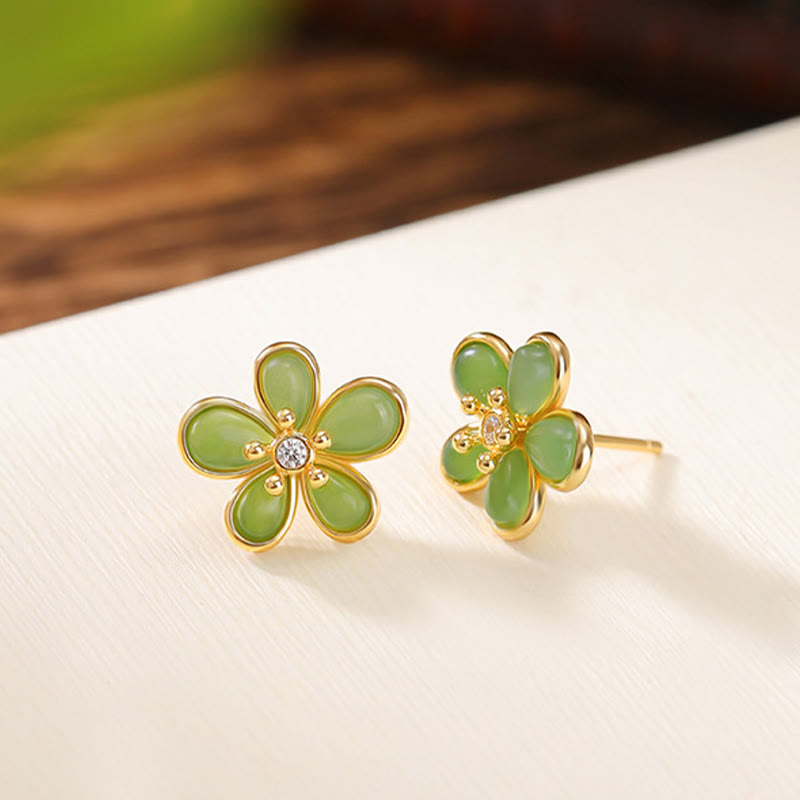 925 Sterling Silver Hetian Jade Floral Design Earrings