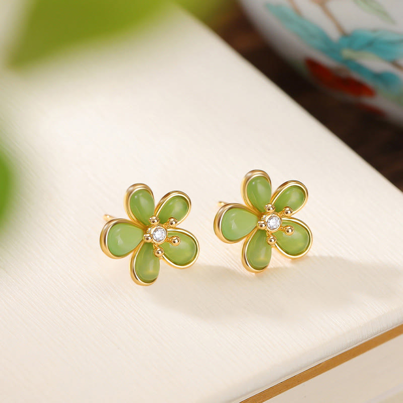 925 Sterling Silver Hetian Jade Floral Design Earrings