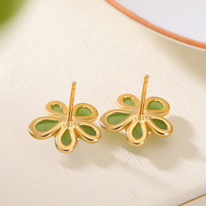 925 Sterling Silver Hetian Jade Floral Design Earrings