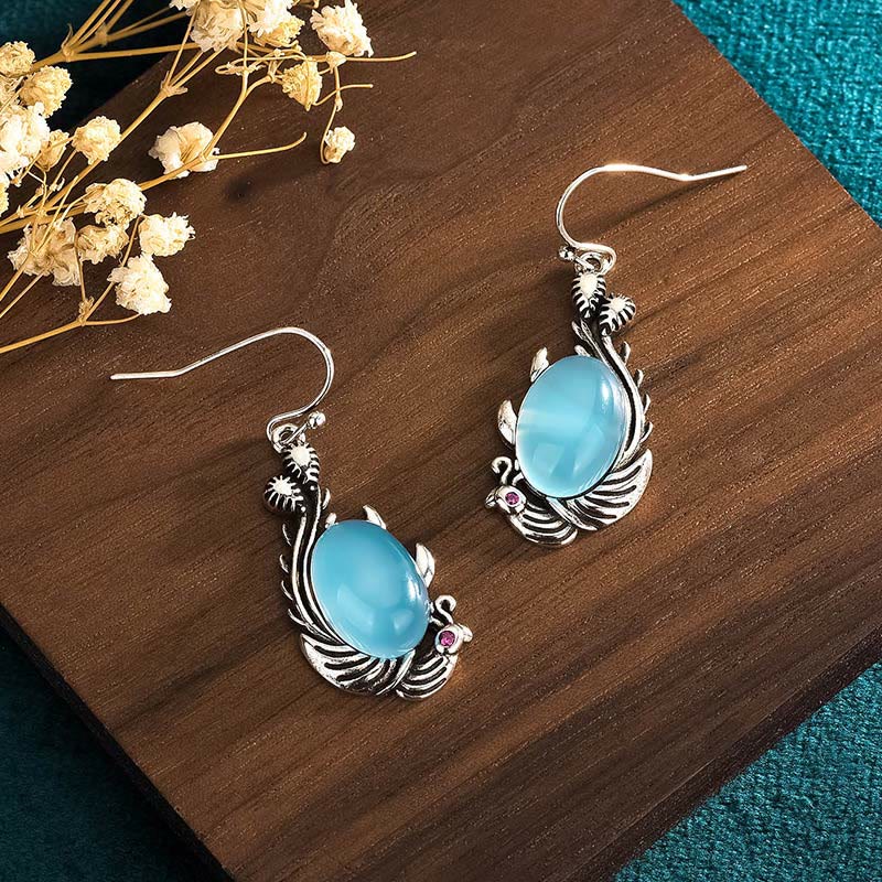 Blue Chalcedony & 925 Sterling Silver Koi Fish Earrings with Copper Accents