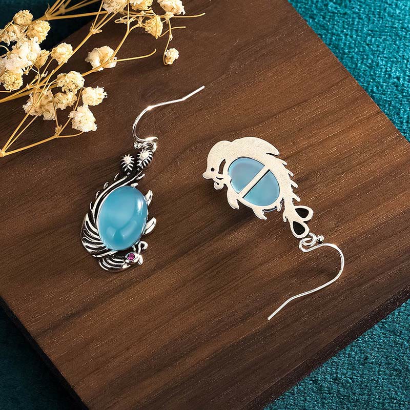 Blue Chalcedony & 925 Sterling Silver Koi Fish Earrings with Copper Accents