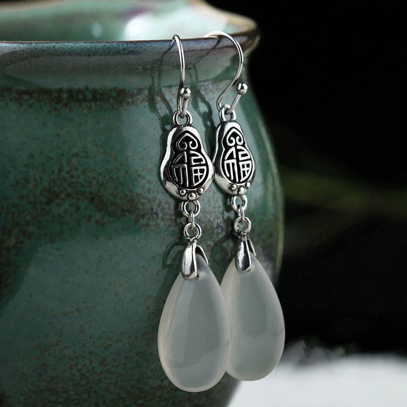 925 Sterling Silver Posts Natural Chalcedony Fu Character Positive Harmony Earrings