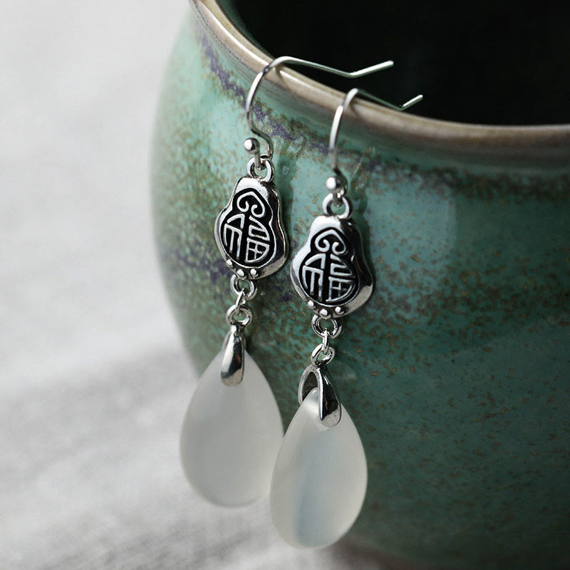 925 Sterling Silver Posts Natural Chalcedony Fu Character Positive Harmony Earrings