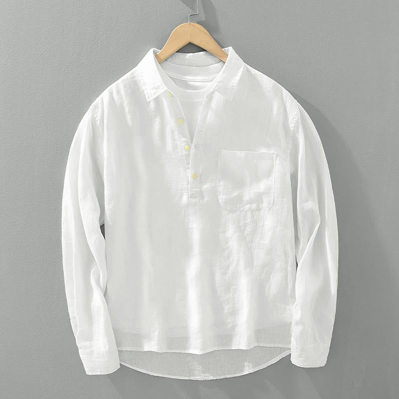 Solid Color Loose Long Sleeve Half Button Shirt Linen Men Clothing