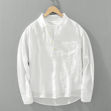 Solid Color Loose Long Sleeve Half Button Shirt Linen Men Clothing