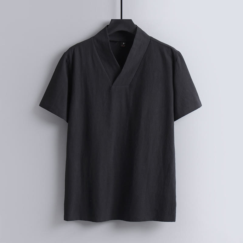 Loose Men's T-Shirt Solid Color Top Short Sleeve V Collar Breathable Linen Shirt
