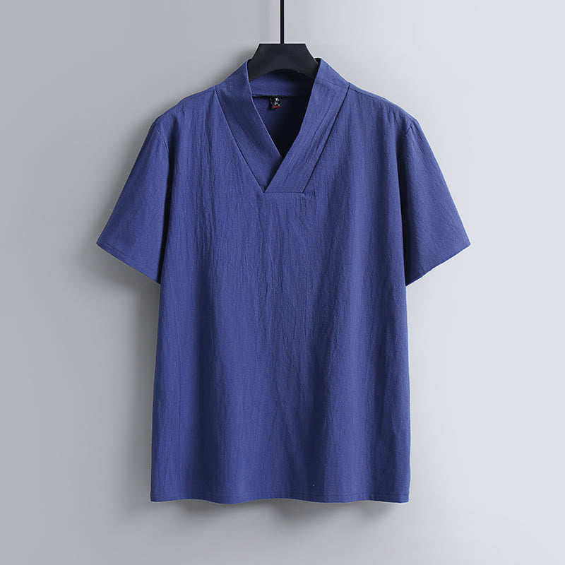 Loose Men's T-Shirt Solid Color Top Short Sleeve V Collar Breathable Linen Shirt