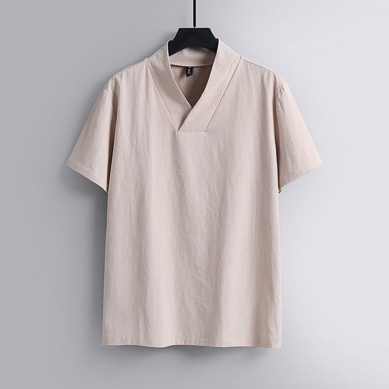 Loose Men's T-Shirt Solid Color Top Short Sleeve V Collar Breathable Linen Shirt