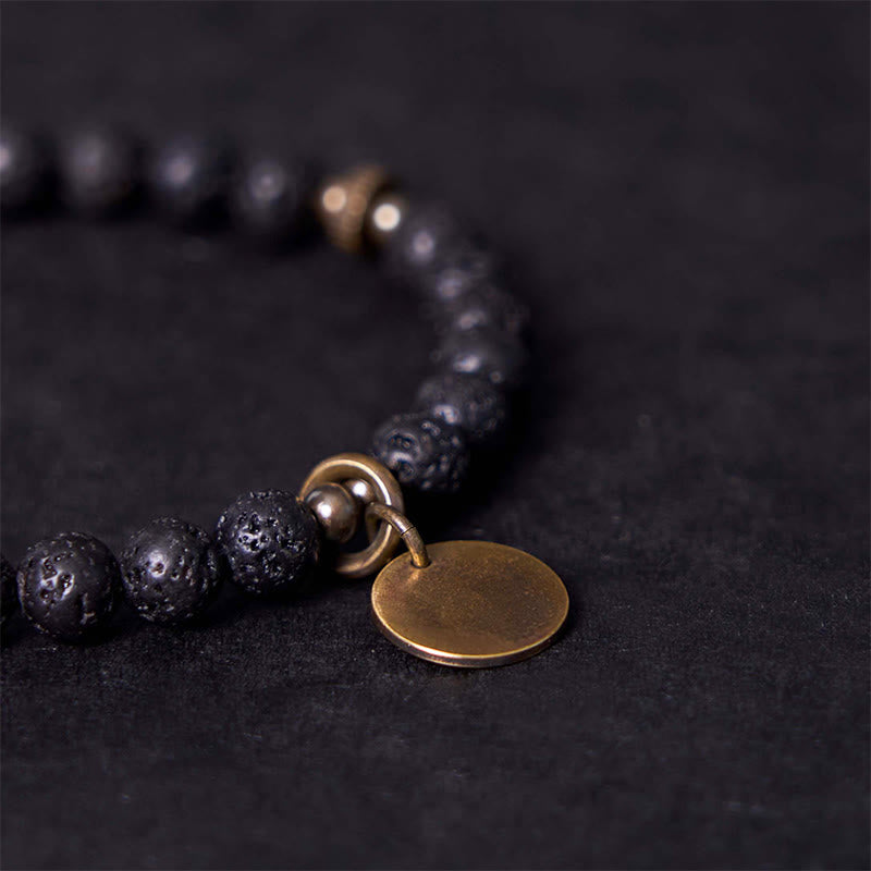 Natural Lava Stone Beads with Brass and Copper Disc Pendant Grounding Bracelet