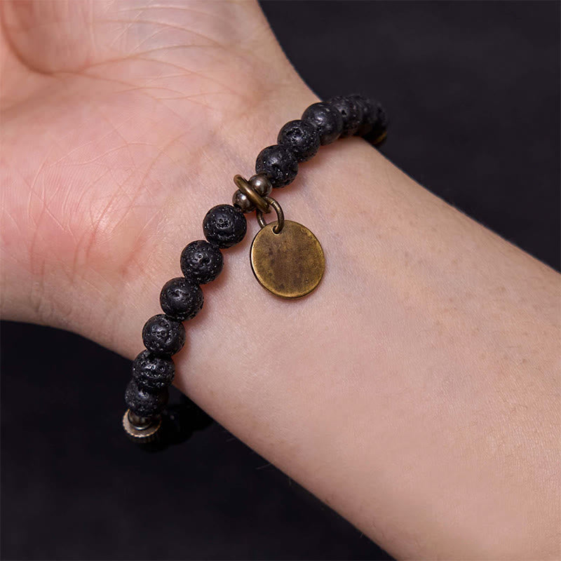 Natural Lava Stone Beads with Brass and Copper Disc Pendant Grounding Bracelet