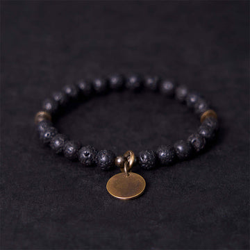 Natural Lava Stone Beads with Brass and Copper Disc Pendant Grounding Bracelet