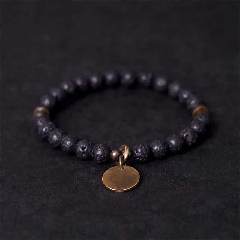 Natural Lava Stone Beads with Brass and Copper Disc Pendant Grounding Bracelet