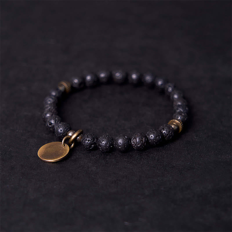 Natural Lava Stone Beads with Brass and Copper Disc Pendant Grounding Bracelet