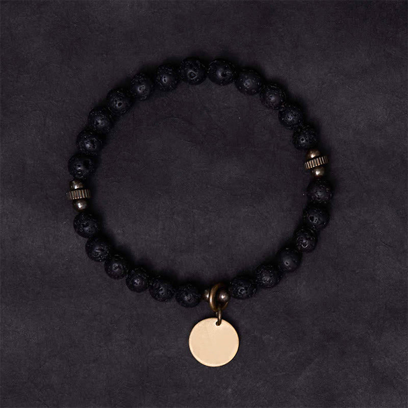 Natural Lava Stone Beads with Brass and Copper Disc Pendant Grounding Bracelet