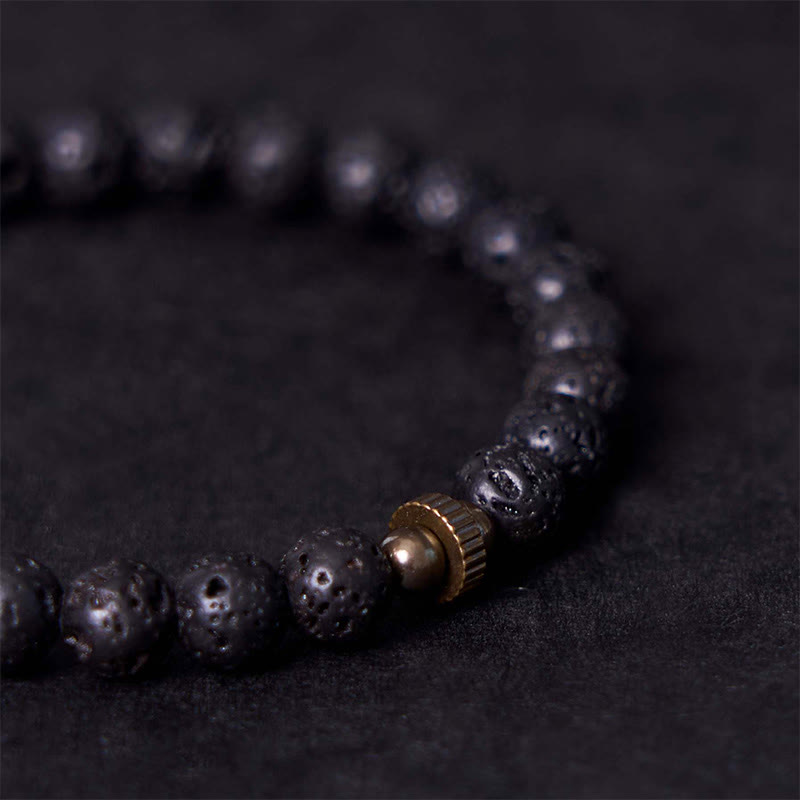 Natural Lava Stone Beads with Brass and Copper Disc Pendant Grounding Bracelet