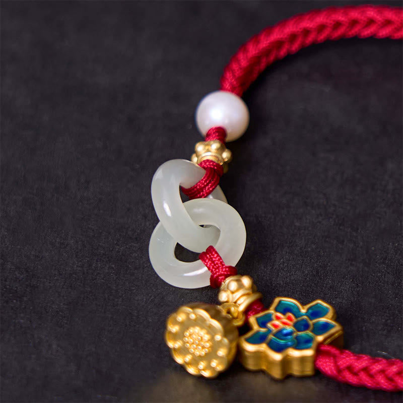 Hand-Braided Rope Bracelet with Hetian Jade Lotus and Ping An Kou Peace Buckle